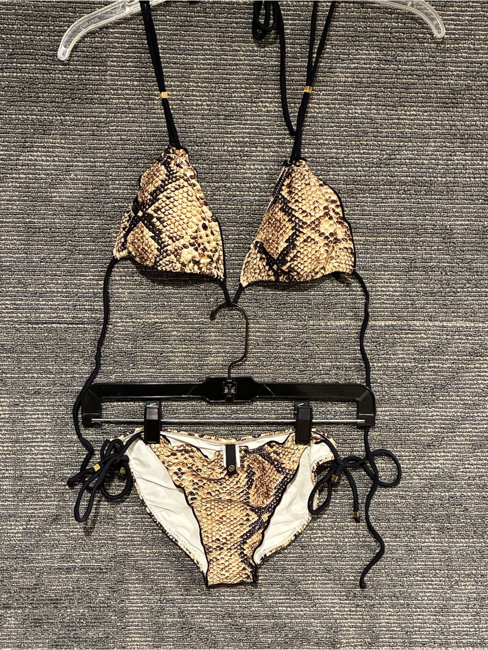 VIX Snake-Print Triangle Bikini Set in Tan and Black Sz Top L, Sz Bottom M